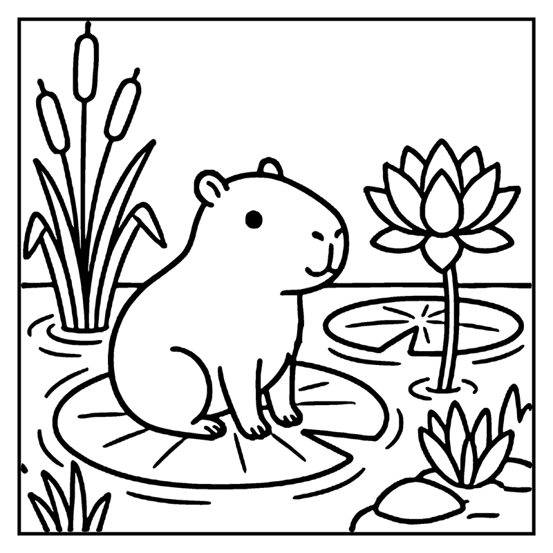 A capybara sits on a lily pad, smiling, with cattails and a water lily nearby, a capybara coloring page