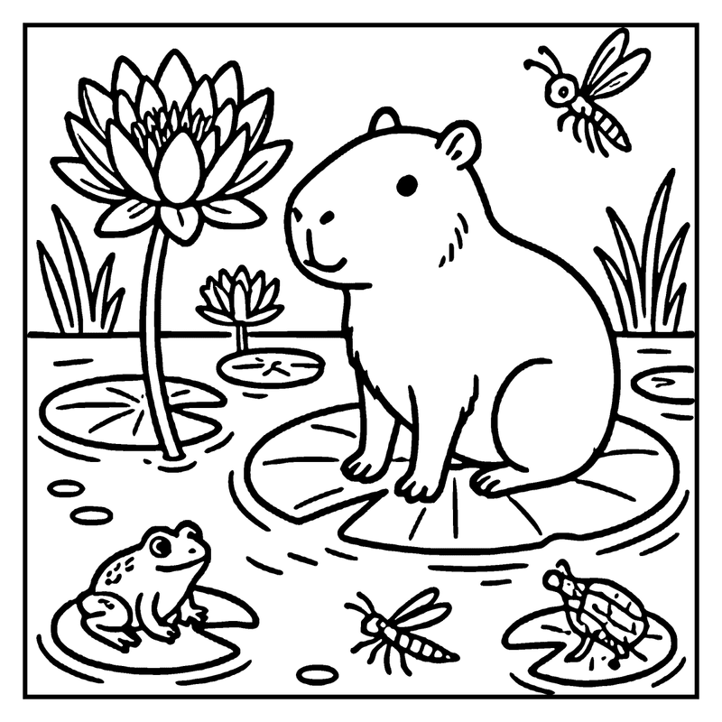 A capybara sits on a lily pad, surrounded by a pond with a frog, a turtle, and a dragonfly, a capybara coloring page