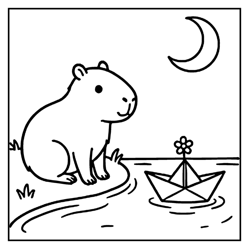 A capybara sits on a log, pulling a paper boat with a flower, under a crescent moon, a capybara coloring page