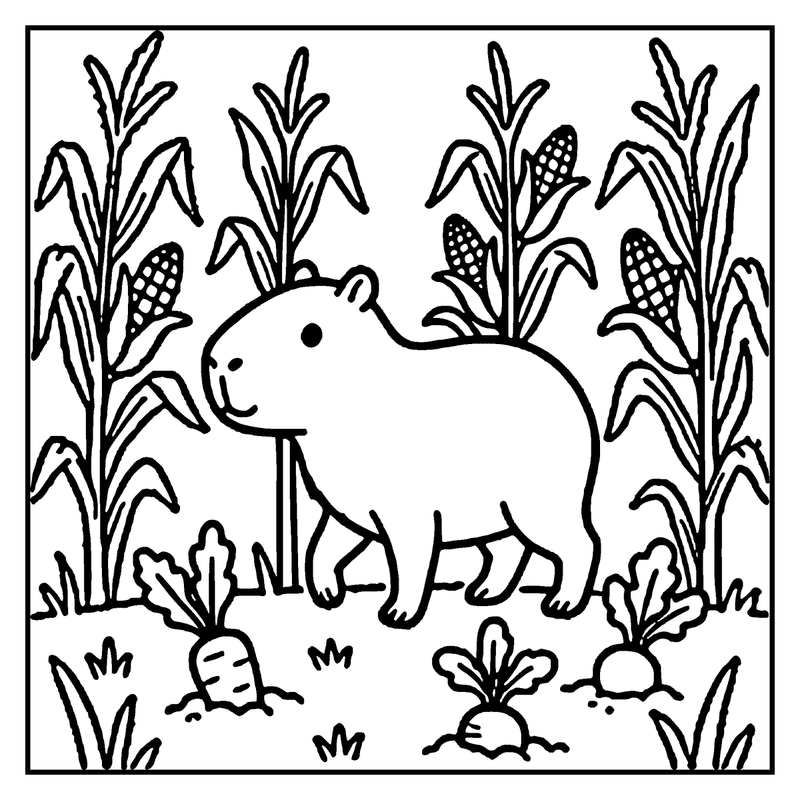 Capybara stands in a garden, surrounded by corn plants and radishes, a capybara coloring page