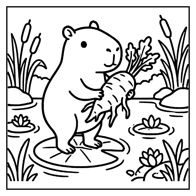 A capybara stands in a pond, holding a fish, surrounded by reeds and lily pads, a capybara coloring page