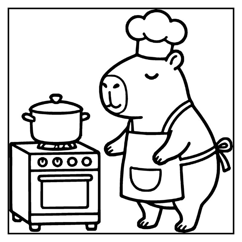 A capybara wearing a chef's hat and apron is cooking on a stove with a pot on it, a capybara coloring page