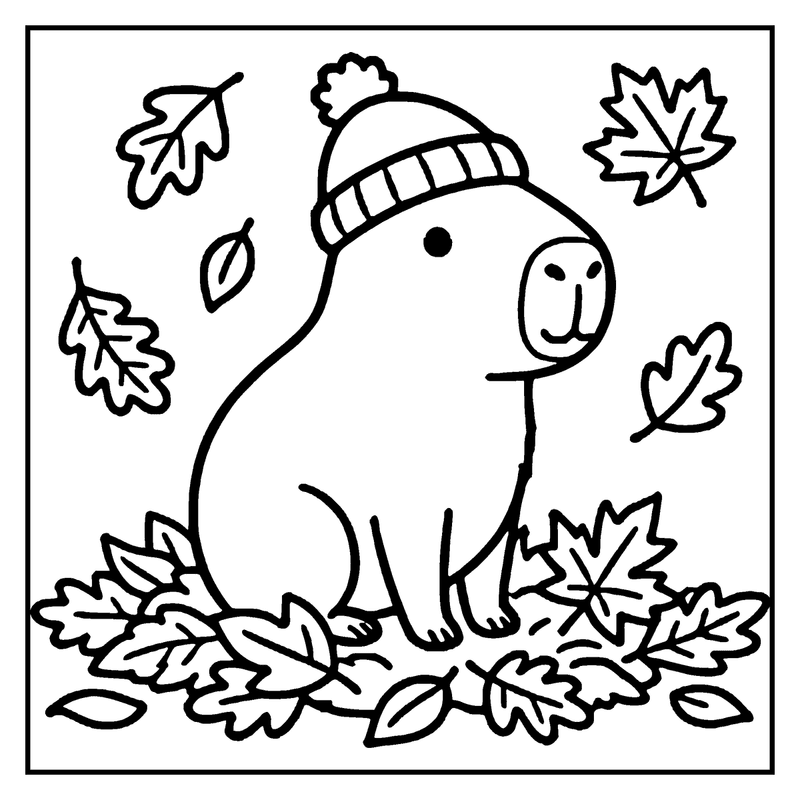 A capybara wearing a hat sits among autumn leaves, ready for fall, a capybara coloring page