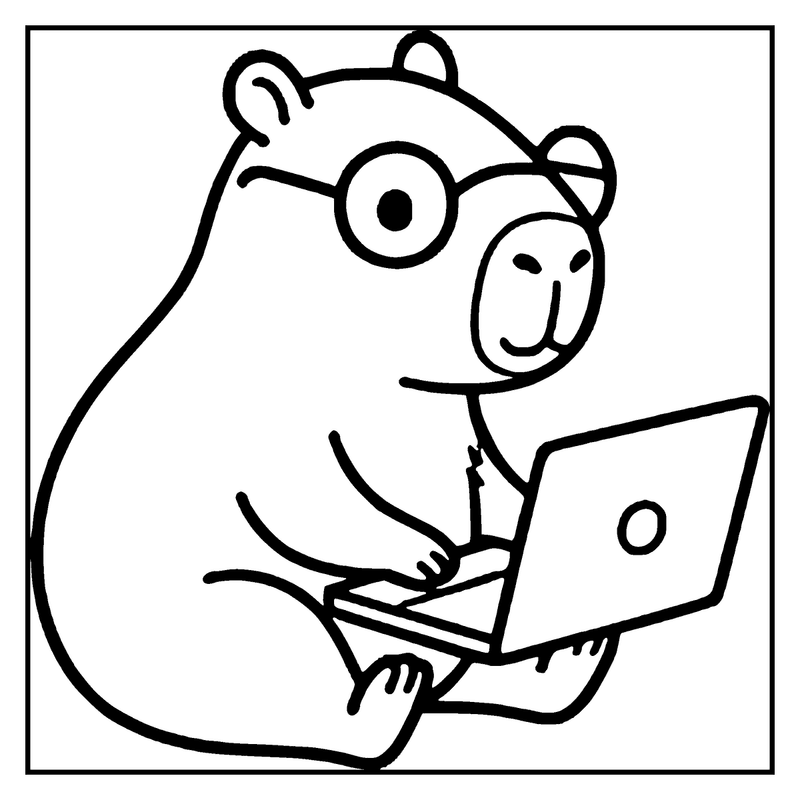 A capybara wearing glasses is sitting and using a laptop with a circular logo, a capybara coloring page