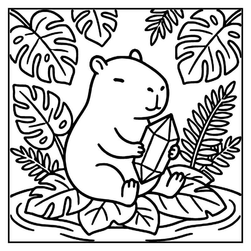 A cute capybara holding a gem in its mouth, surrounded by tropical leaves, floating in water, a capybara coloring page