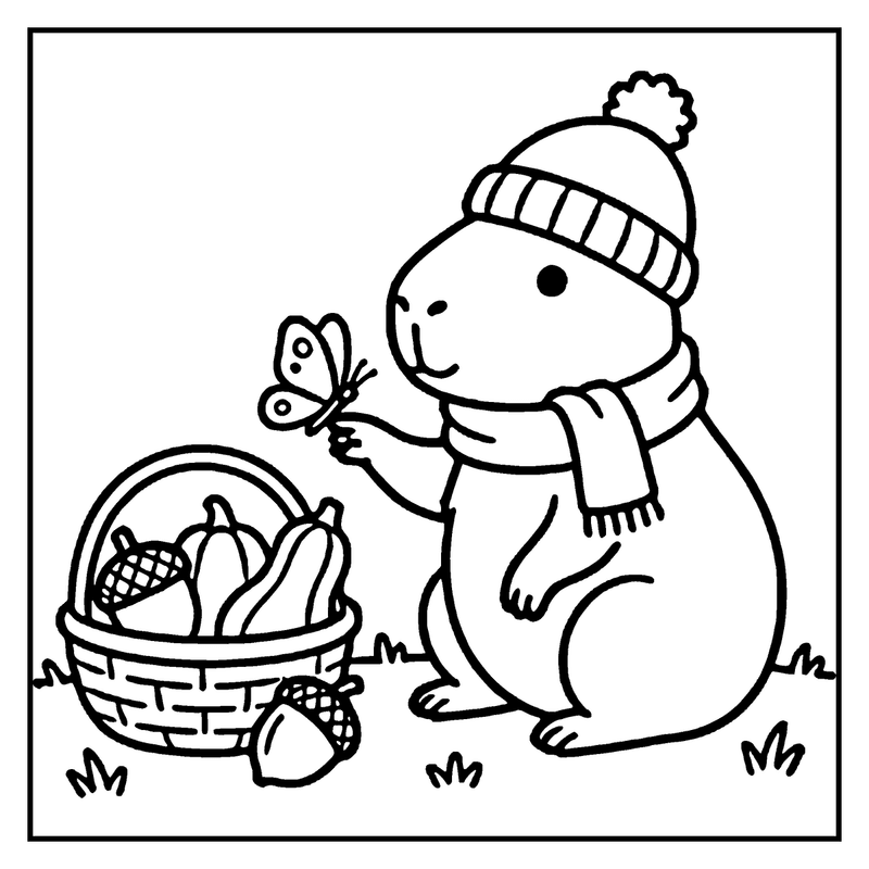 A cute capybara in a hat and scarf holds a butterfly, next to a basket of acorns and pumpkins, a capybara coloring page