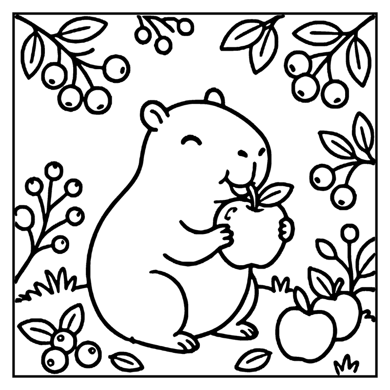 A cute capybara is happily nibbling an apple, surrounded by leaves and berries, a capybara coloring page