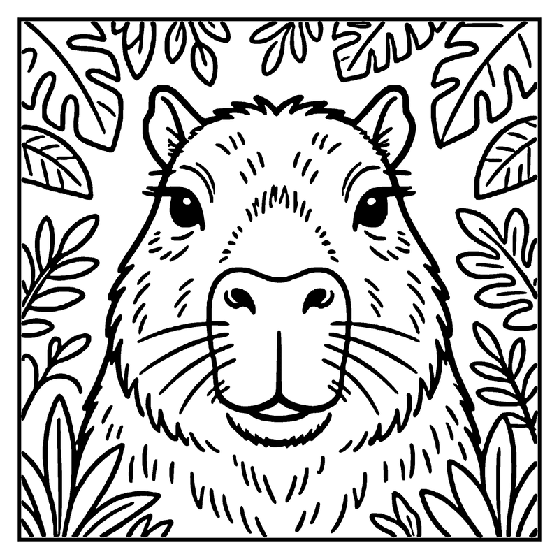 A cute capybara is peeking out from a leafy forest, a capybara coloring page