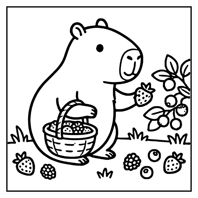 A cute capybara is picking berries in a garden with a basket nearby, a capybara coloring page