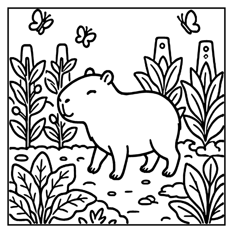 A cute capybara is standing in a lush, green forest with butterflies flying around, a capybara coloring page