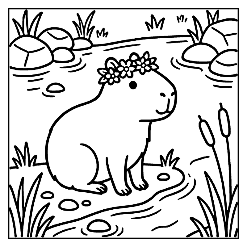 A cute capybara with a flower crown is sitting by a pond with lily pads and reeds, a capybara coloring page
