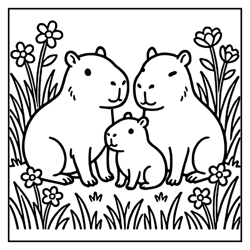 A family of capybaras is sitting in a grassy field with flowers around them, a capybara coloring page
