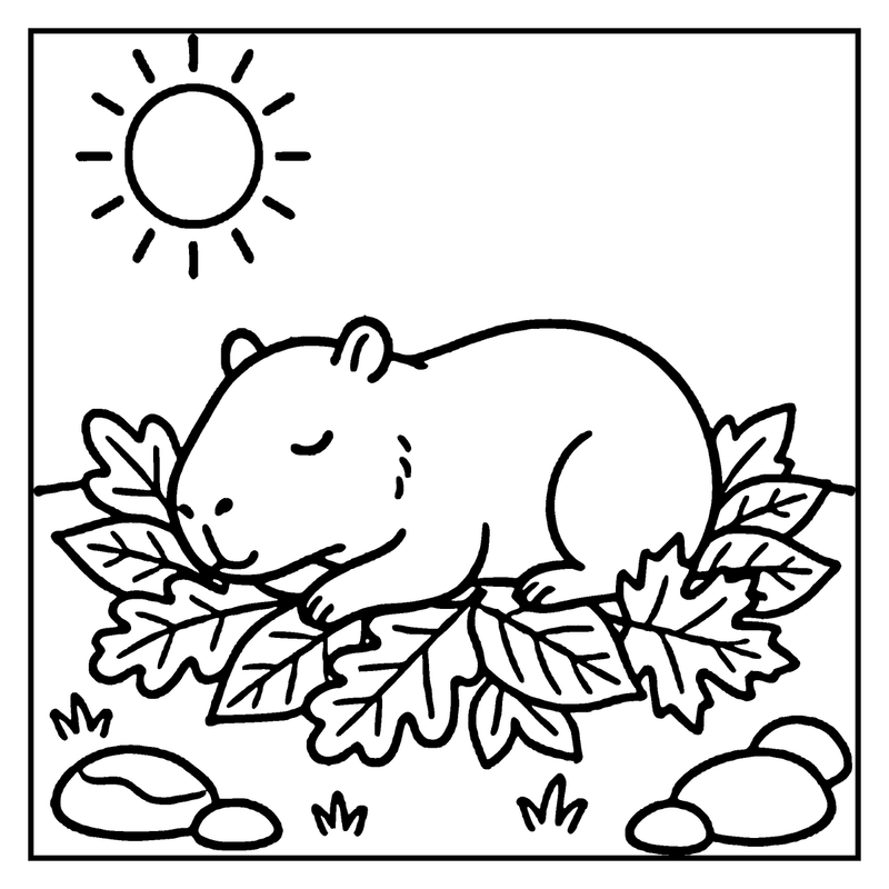 A sleeping capybara is surrounded by leaves, resting under a sunny sky, a capybara coloring page