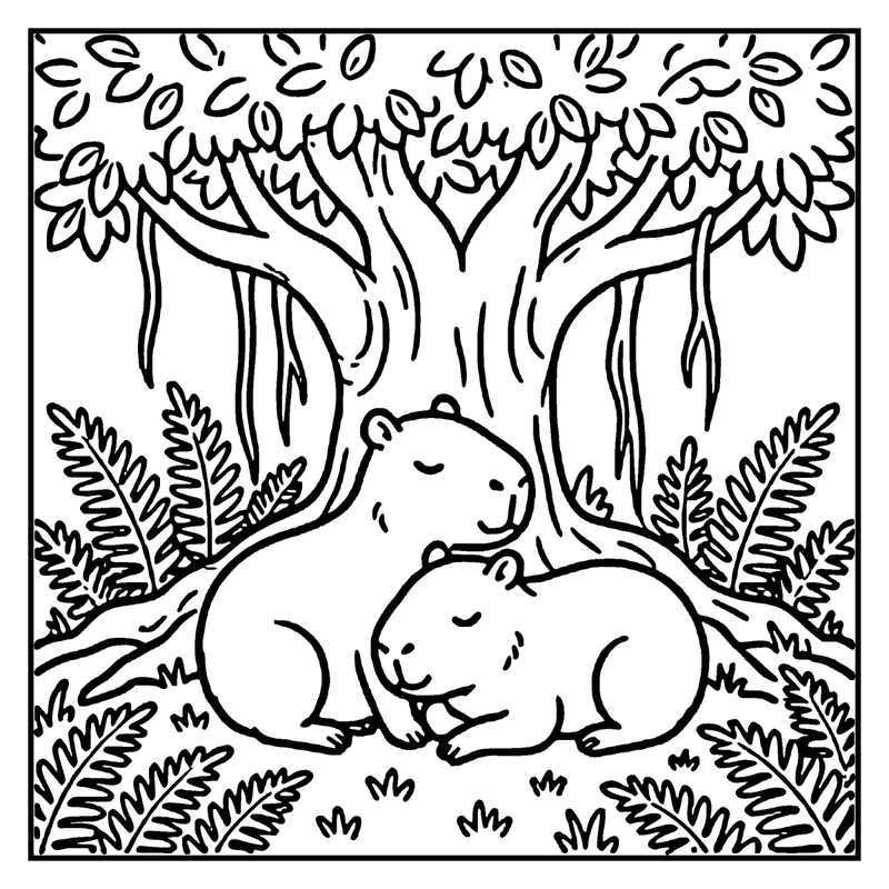 Two capybaras are hugging under a tree in a forest with ferns and leaves, a capybara coloring page