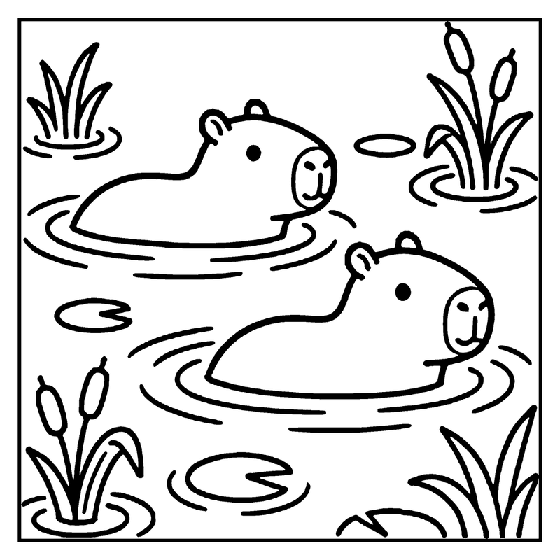 Two capybaras swimming in a pond with lily pads and cattails, a capybara coloring page