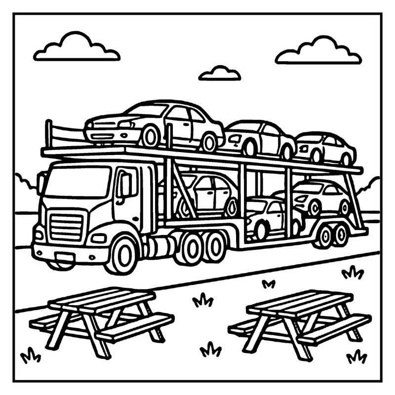 A car carrier truck transports five cars, with picnic tables and clouds in the sky, a car coloring page