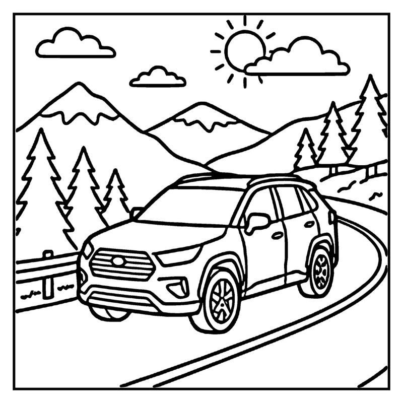 A car is driving on a winding road in a scenic mountain landscape, a car coloring page