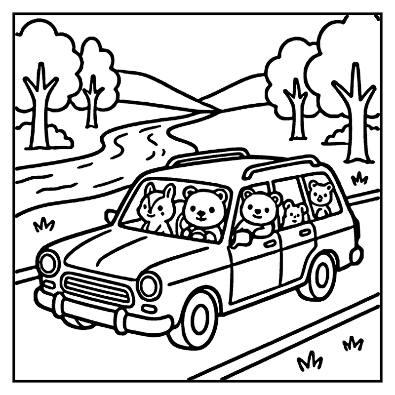 A car with four cute animal characters drives through a scenic forest road, a car coloring page
