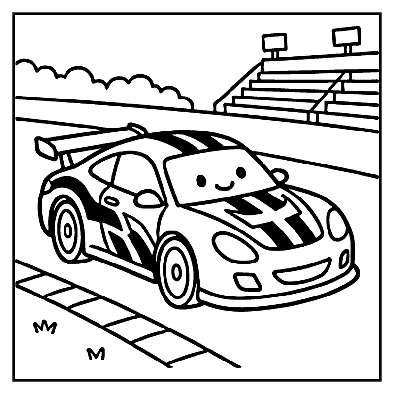 A cartoon race car is speeding down a track with a smiling face and racing stripes, a car coloring page