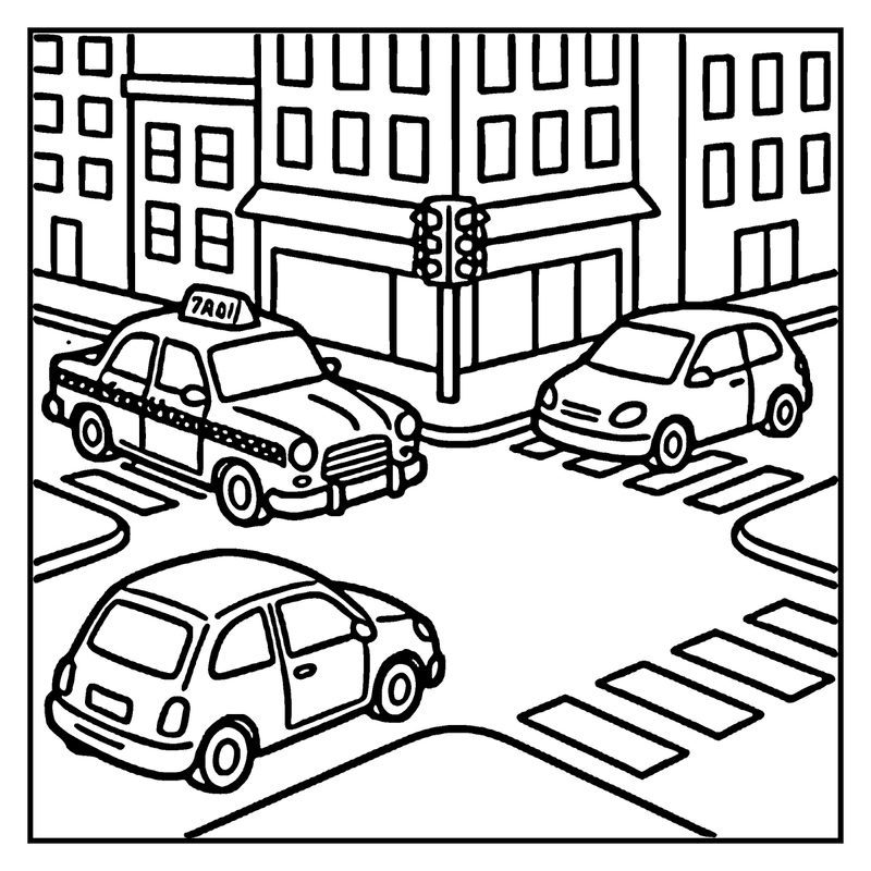 A city street scene with a taxi driving past a small car, both on a road with crosswalks, and buildings in the background, a car coloring page