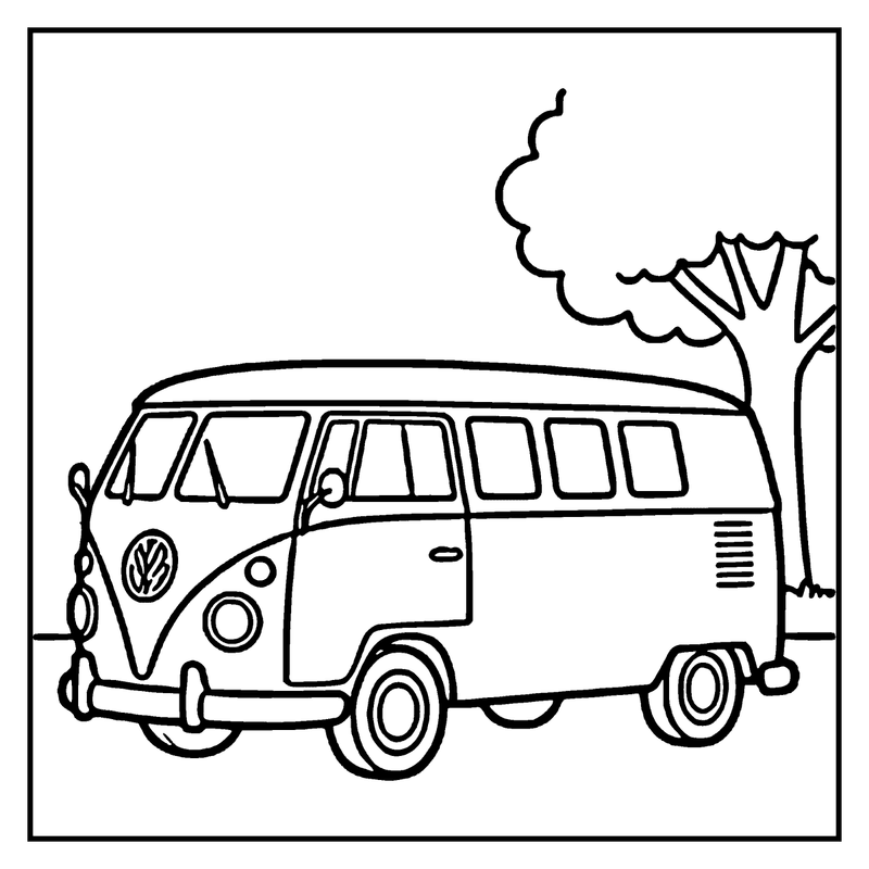 A classic camper van is parked next to a tree, with smoke rising from its exhaust, a car coloring page
