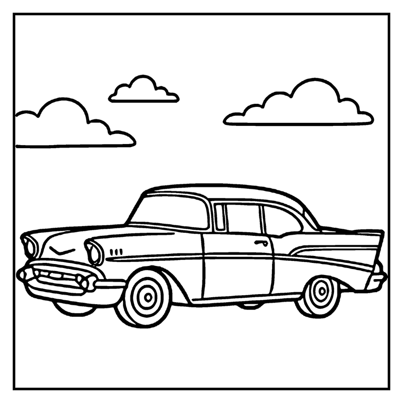 A classic car is driving on a road with two clouds in the sky, a car coloring page