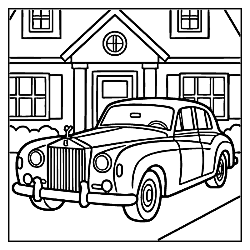 A classic car is parked in front of a house with a round window and columns, a car coloring page
