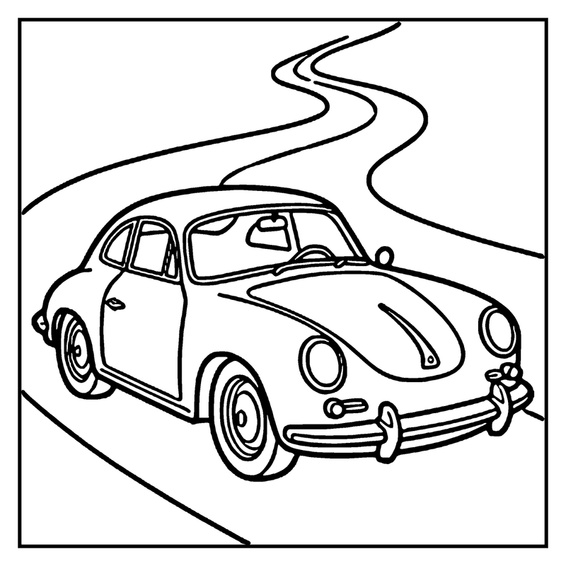 A classic car speeds down a winding road, with smoke trailing behind it, a car coloring page