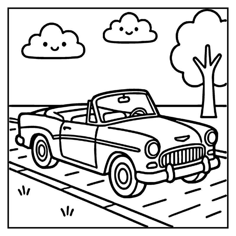 A classic convertible car drives on a road with smiling clouds and a tree in the background, a car coloring page