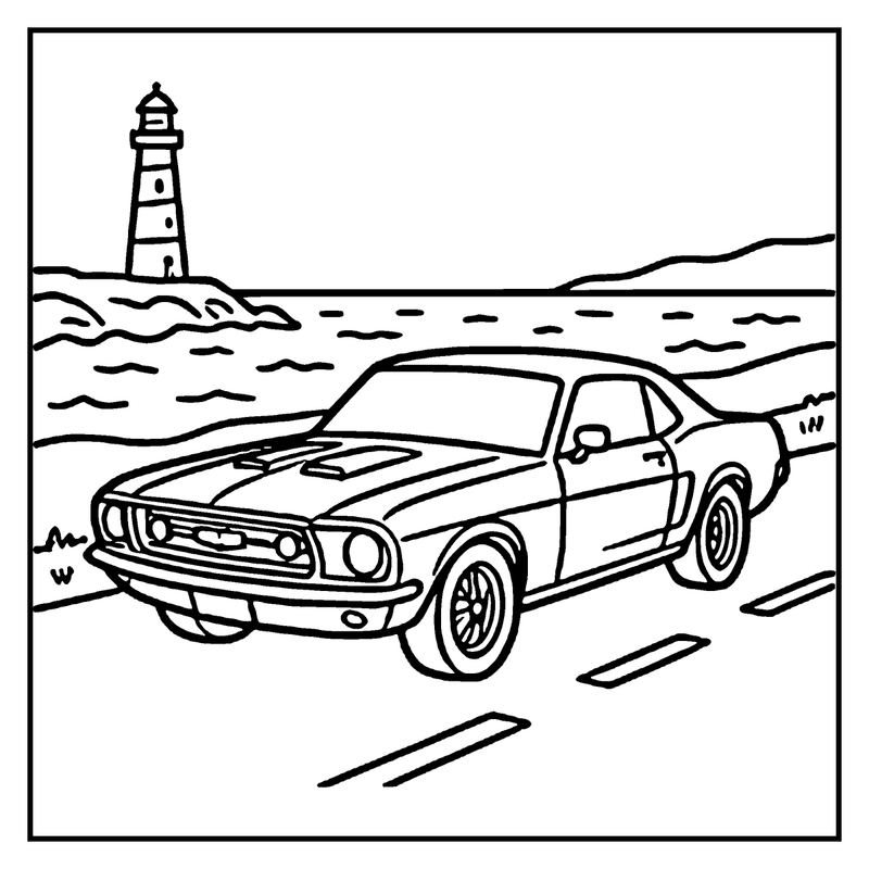 A classic muscle car speeds along a road near a lighthouse on a rocky island, a car coloring page