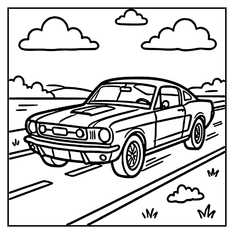 A classic muscle car speeds down a road, with a clear sky and fluffy clouds above, a car coloring page