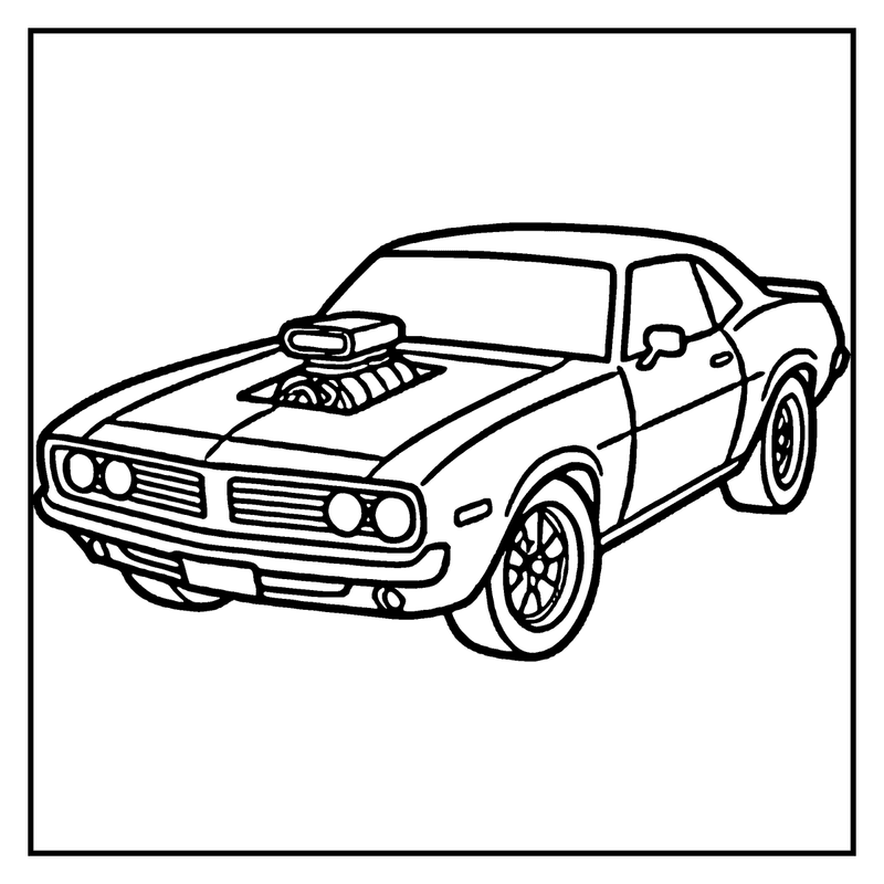A classic muscle car with a hood scoop and racing stripes is shown in a dynamic pose, a car coloring page