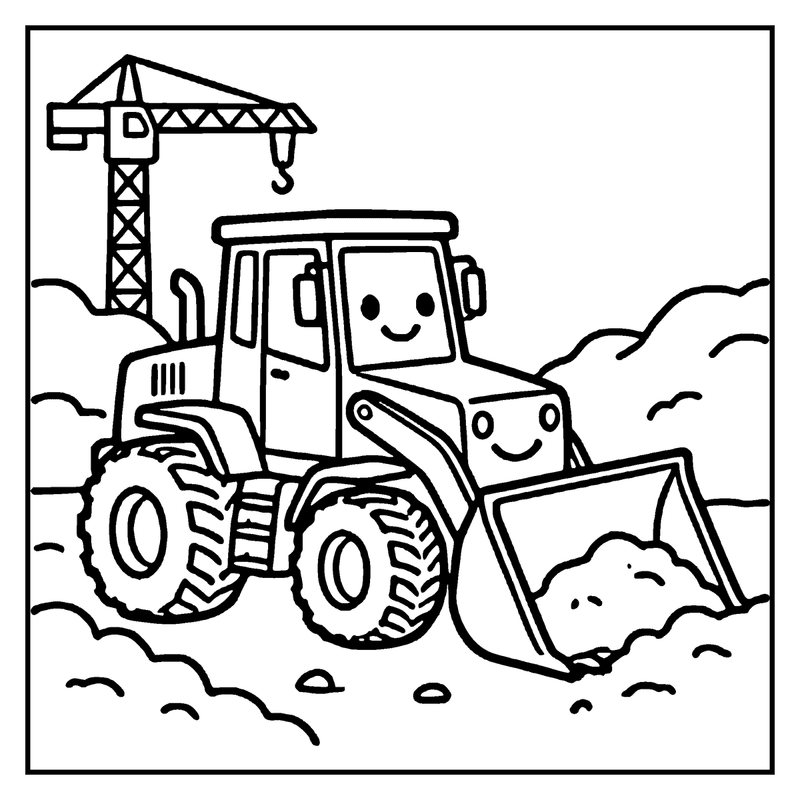 A construction vehicle is digging and smiling, with a crane in the background, a car coloring page