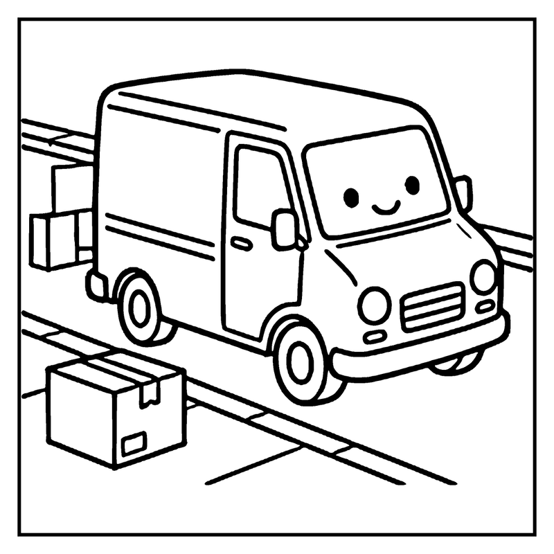 A cute delivery van is happily driving on a road, carrying boxes, a car coloring page