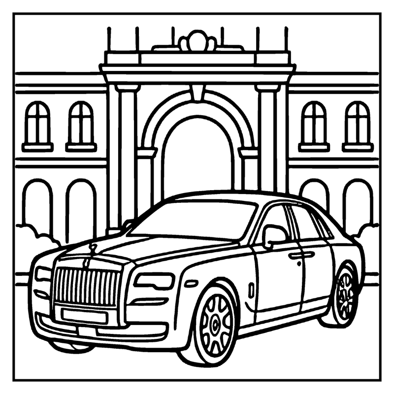 A luxurious car is parked in front of an elegant building with an archway, a car coloring page