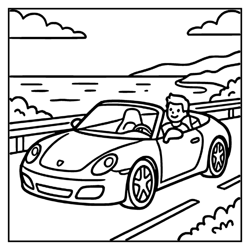 A man drives a convertible sports car on a coastal road, smiling, with waves and clouds in the background, a car coloring page