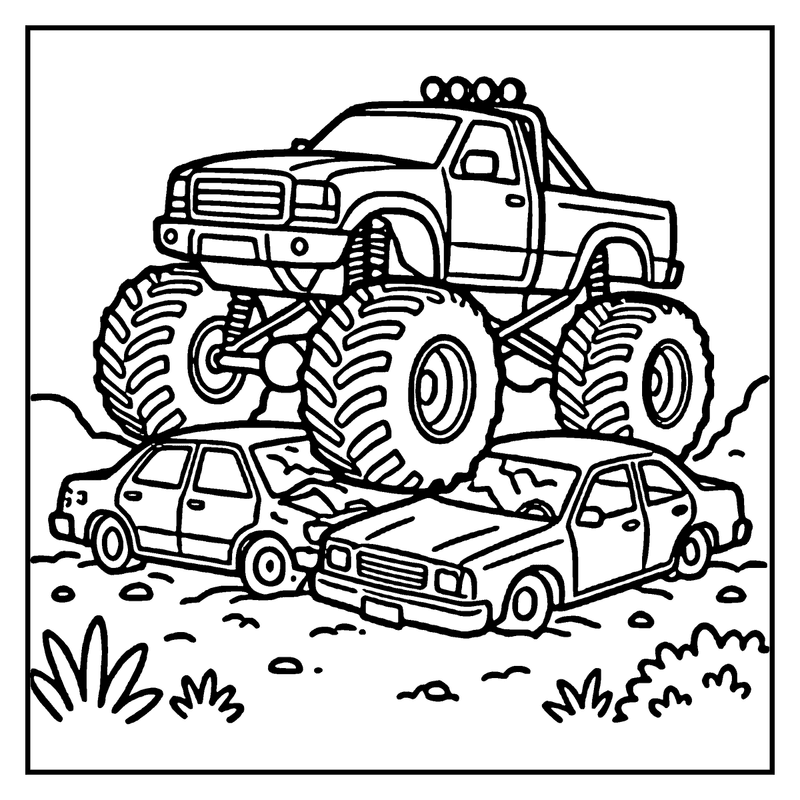 Monster truck crushing cars in a grassy field, a car coloring page