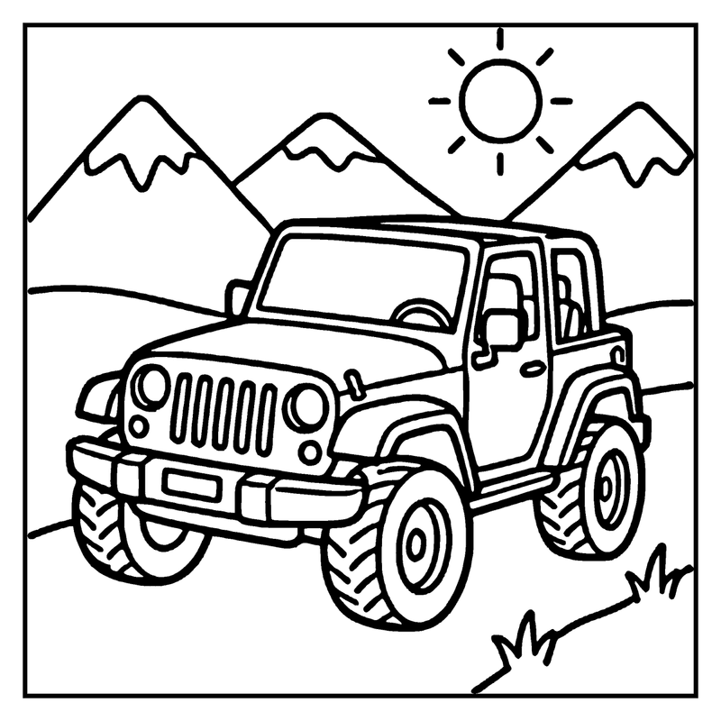 An off-road vehicle is driving through a mountainous landscape with a sun shining above, a car coloring page