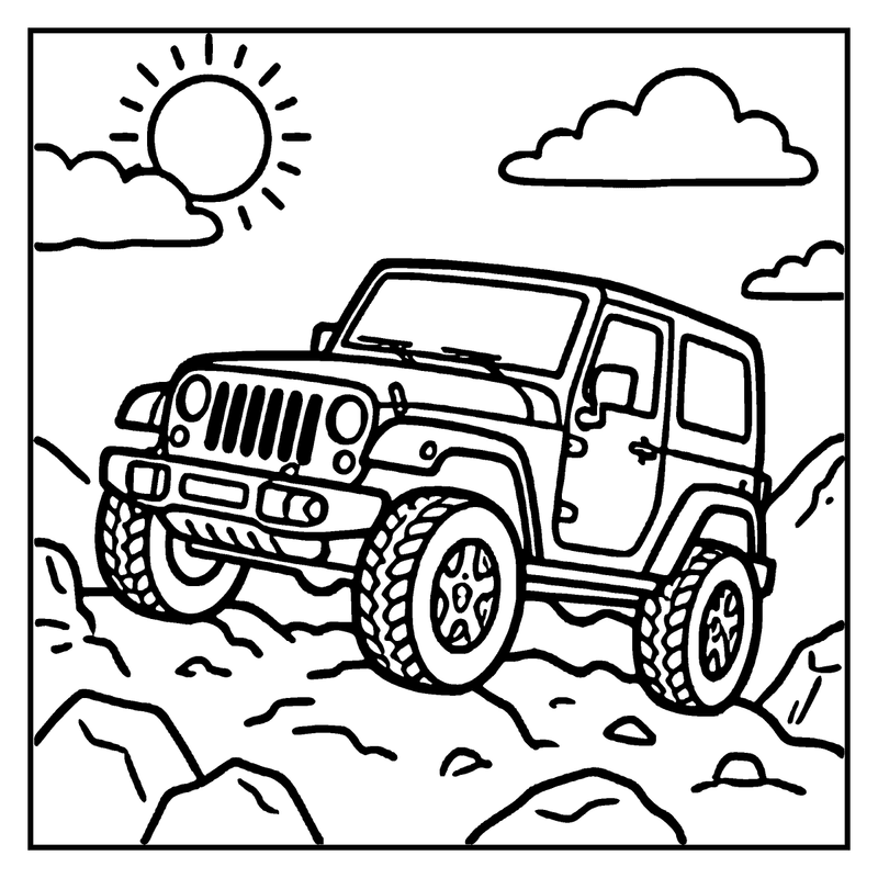 An off-road vehicle is driving through rocky terrain under a bright sun, a car coloring page
