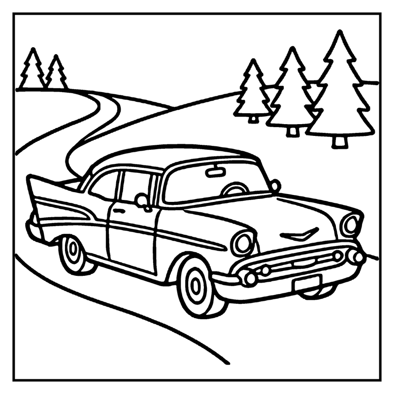 An old-fashioned car drives down a snowy road with evergreen trees in the background, a car coloring page