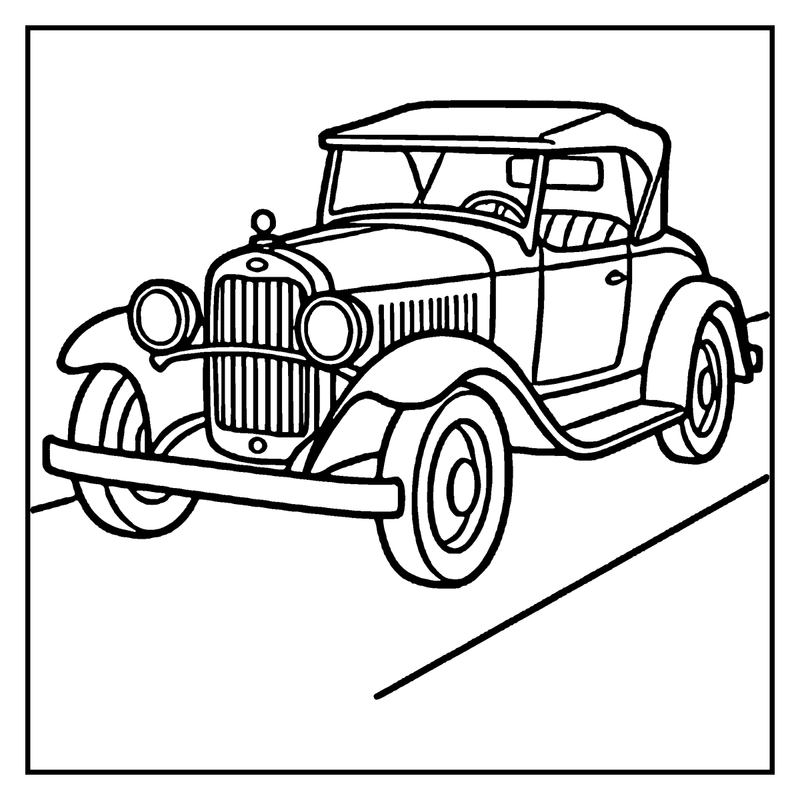 An old-fashioned car drives on a road, with a classic grill and round headlights, a car coloring page