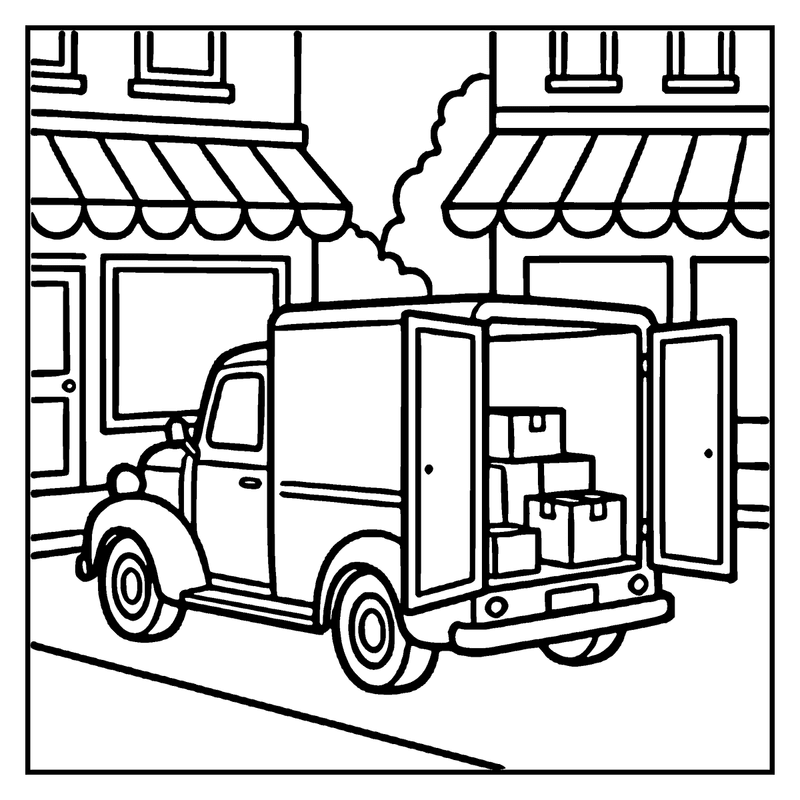 An old-fashioned delivery truck is unloading boxes in front of a store with a striped awning, a car coloring page