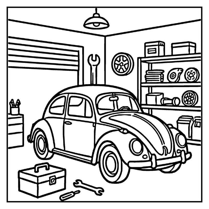 An old round-nosed car is parked in a garage, surrounded by tools and parts, a car coloring page