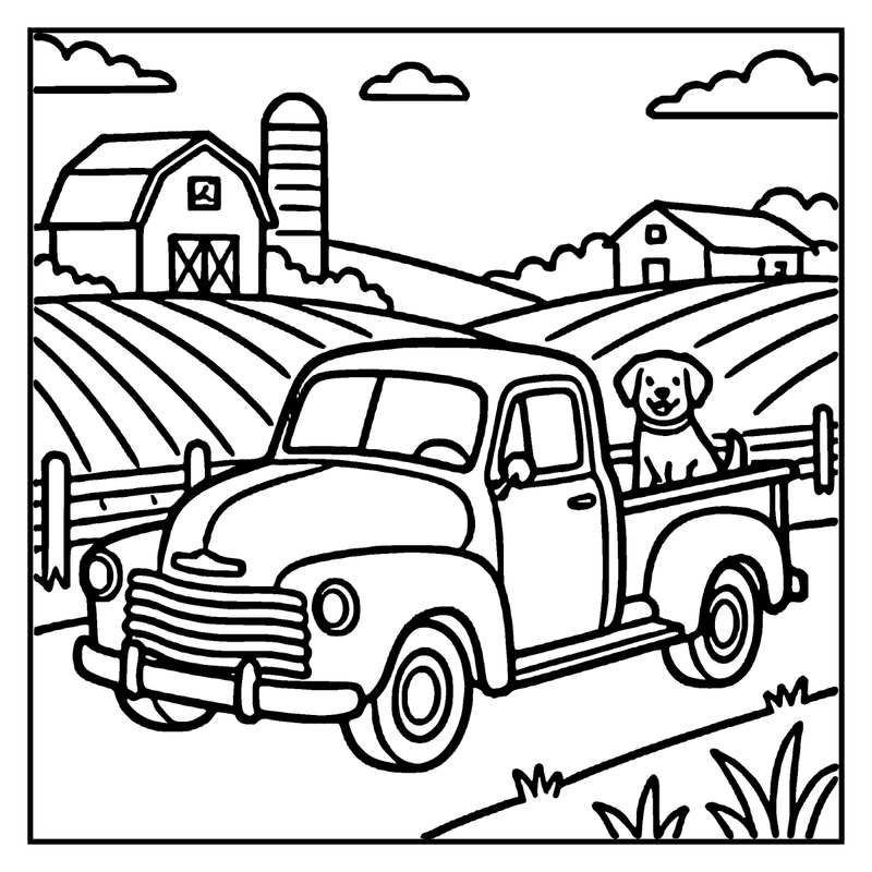 An old truck drives through a farm with a barn, silo, and fields, a car coloring page