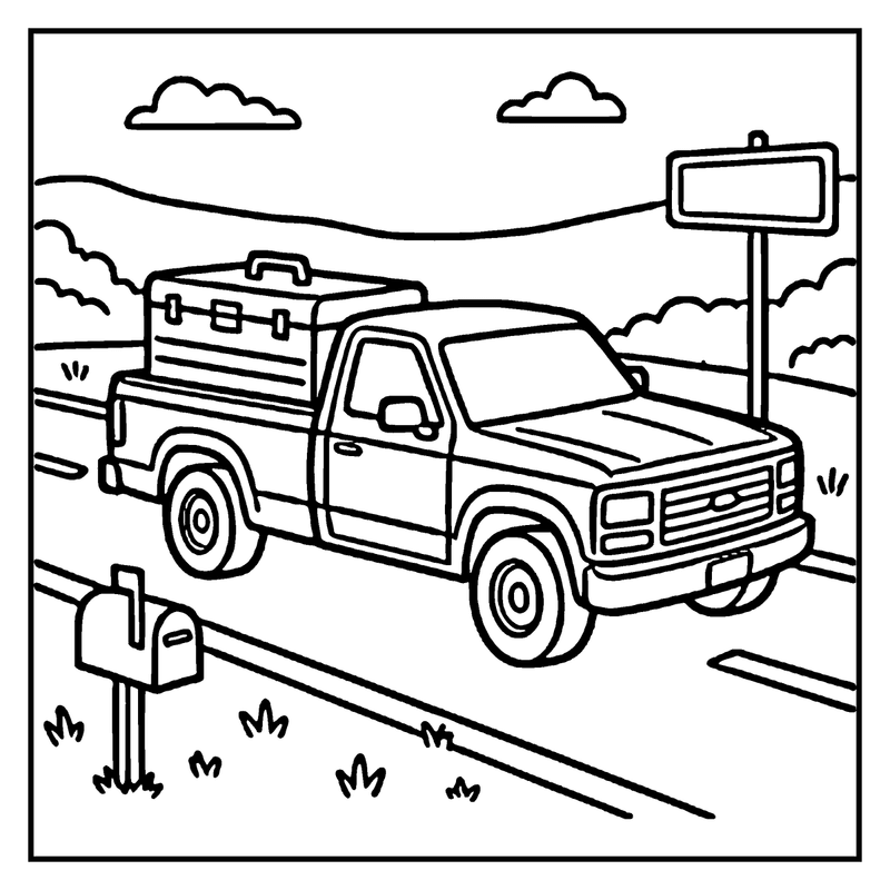 A pickup truck is driving on a road, with a suitcase on top, near a mailbox and a signpost, a car coloring page