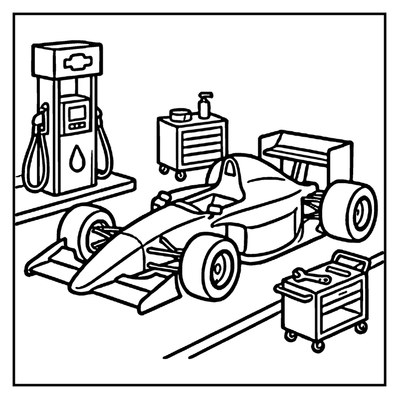 A race car is parked next to a gas station and a toolbox, ready for maintenance, a car coloring page