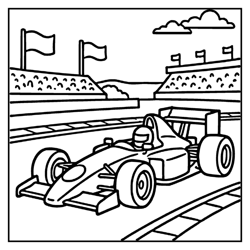 A race car speeds down a track, with flags and clouds in the background, a car coloring page