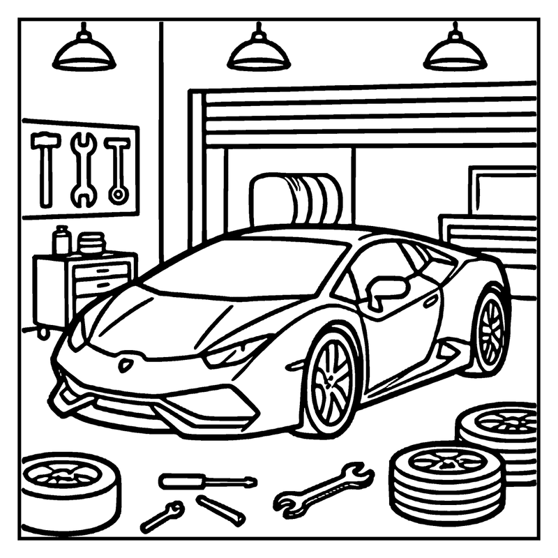 A sleek sports car is being worked on in a garage with tools and tires nearby, a car coloring page