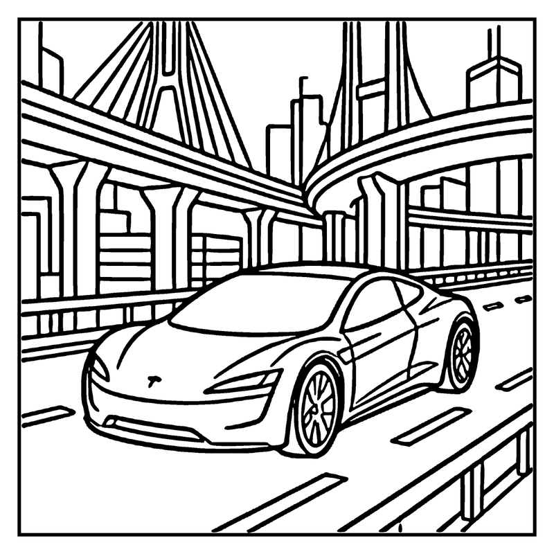 A sleek sports car speeds down a city street, passing a modern suspension bridge, a car coloring page