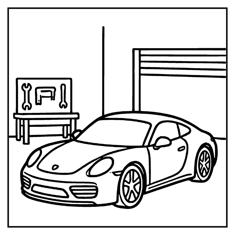 A sports car is parked in a garage with a toolbox and an American flag, a car coloring page
